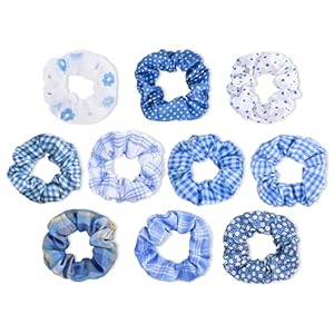 10-Piece Plaid Polka Dot Solid Colorful Scrunchies , No Damage Elastic Hair Ties, Bulk Ponytail Holder Hair Bands, Fashion Rubber Band Hair